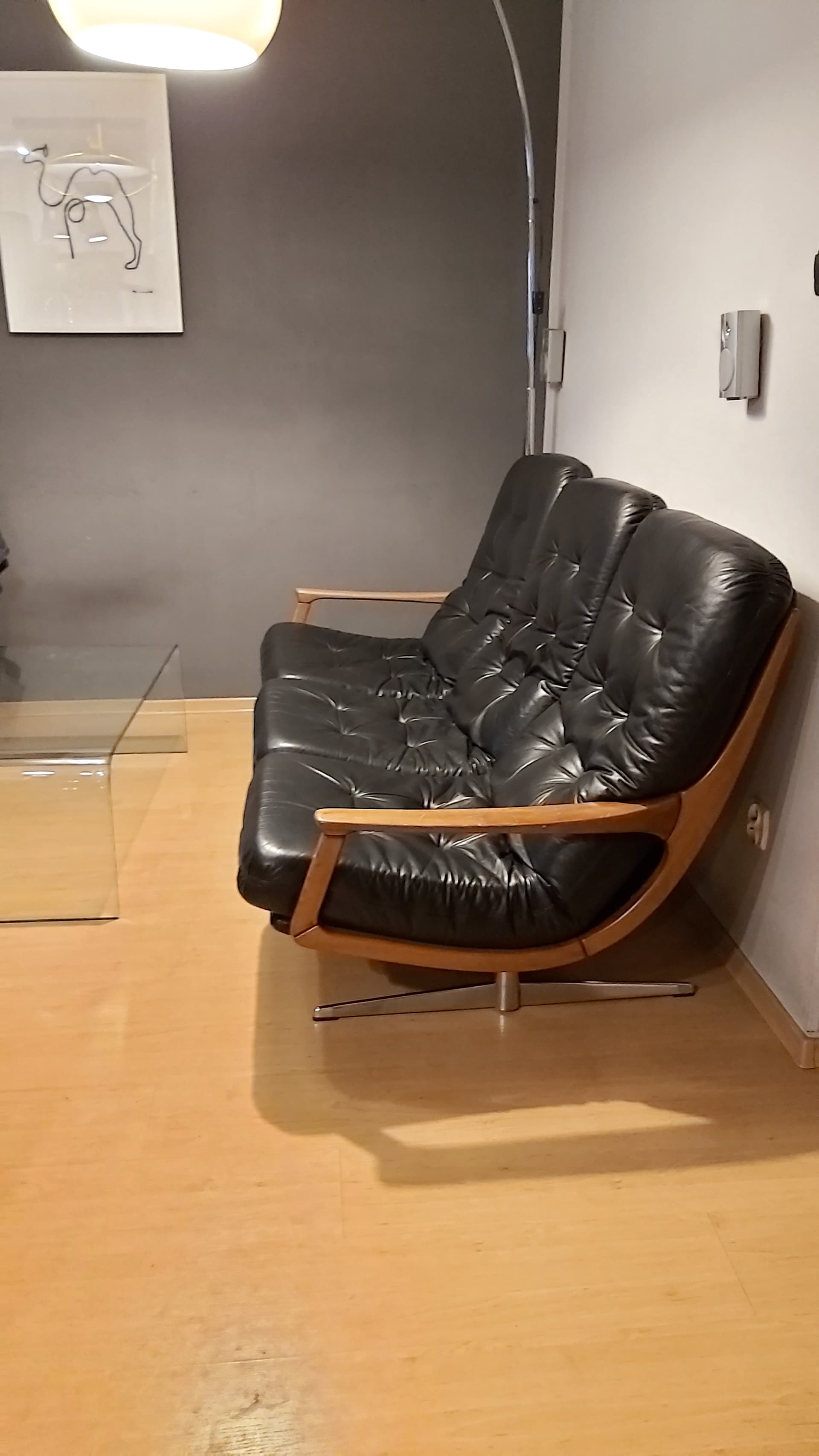 Three-seater sofa, black leather, light wood, by E. Schmidt, Germany, 1960s. - 90300