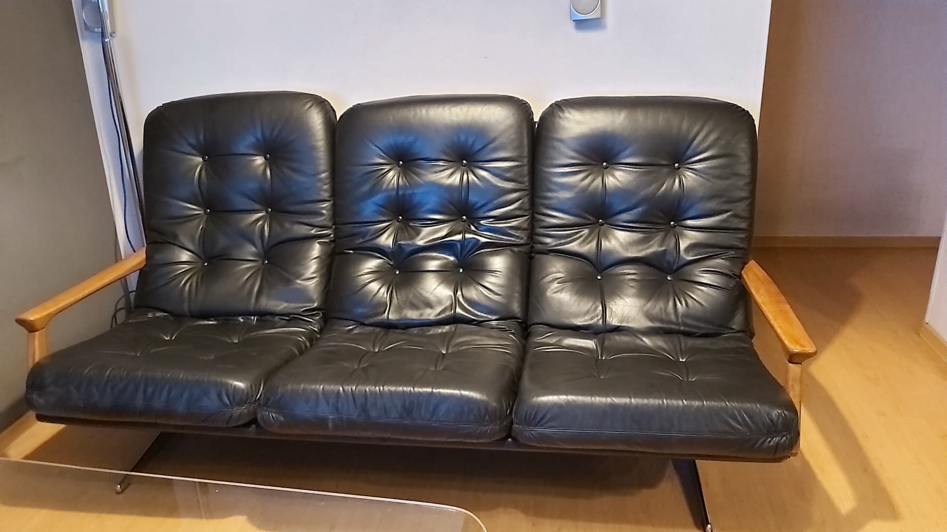 Three-seater sofa, black leather, light wood, by E. Schmidt, Germany, 1960s. - 90299