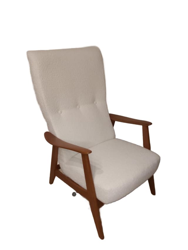 Fotel wypoczynkowy, bouclé ivory white, drewno teak, Niemcy, lata 70. - WYMIARY