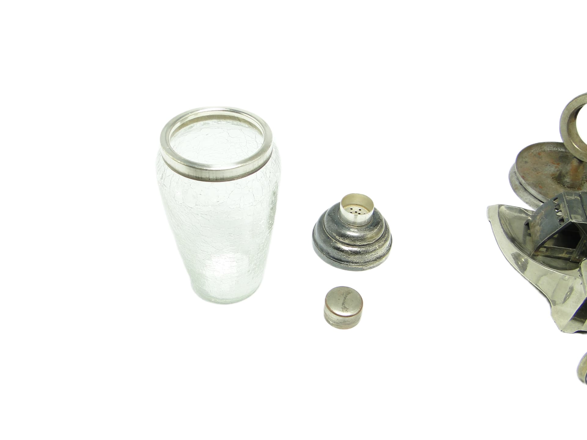 Art Deco shaker, frosted white glass, silver-plated brass, Belgium, 1950s. - 91916