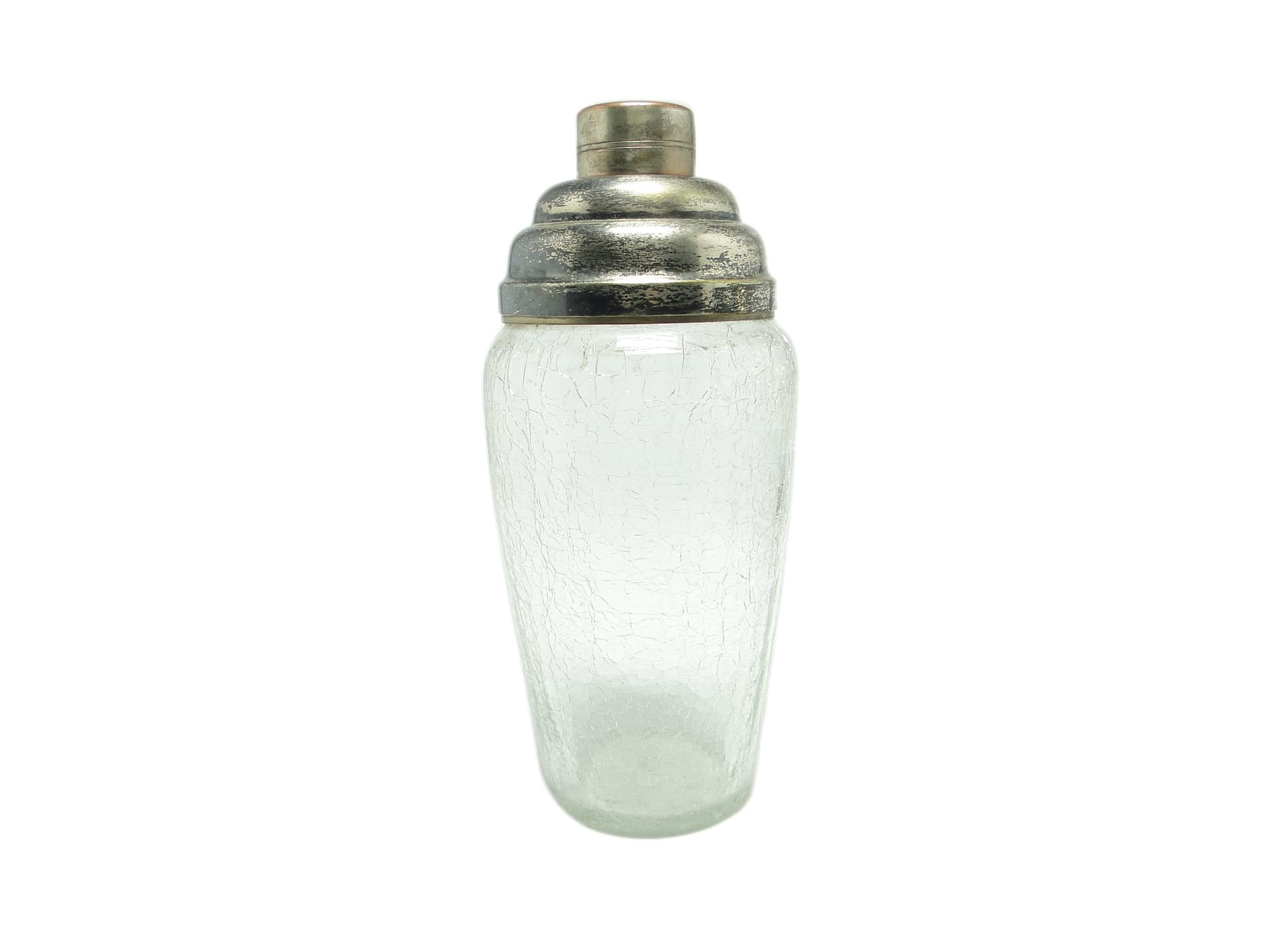 Art Deco shaker, frosted white glass, silver-plated brass, Belgium, 1950s.
