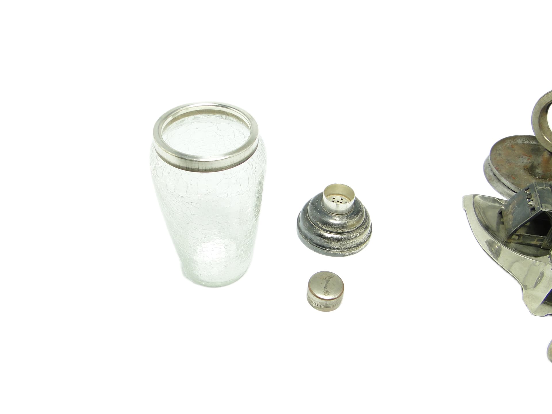 Art Deco shaker, frosted white glass, silver-plated brass, Belgium, 1950s. - 91917