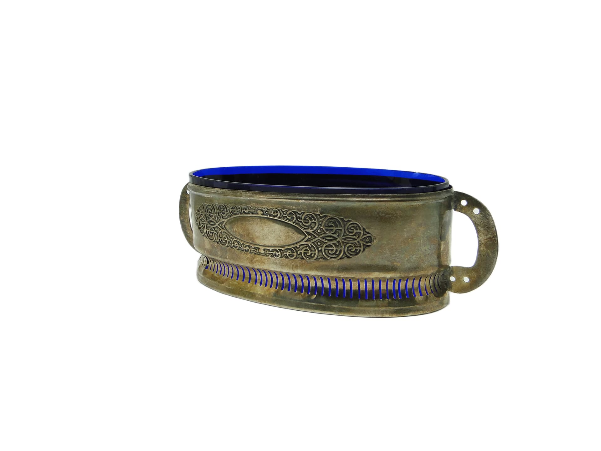 Żardiniera Art Nouveau, mosiądz srebrzony, szkło kobaltowe, Wielka Brytania, lata 60. - 93286