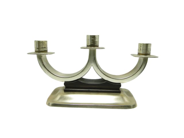 Świecznik trójramienny, Art déco, mosiądz srebrzony, Quist, Niemcy, lata 50. - WYMIARY