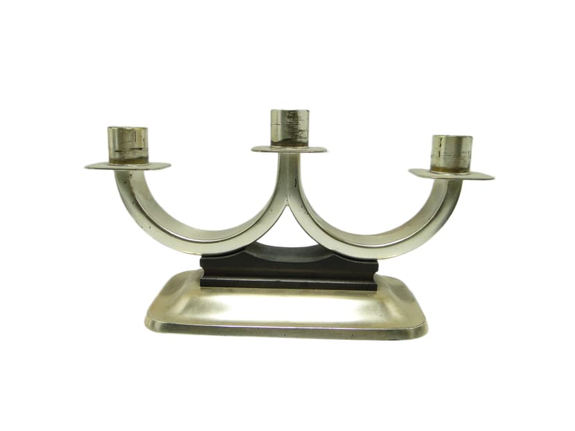 Świecznik trójramienny, Art déco, mosiądz srebrzony, Quist, Niemcy, lata 50.