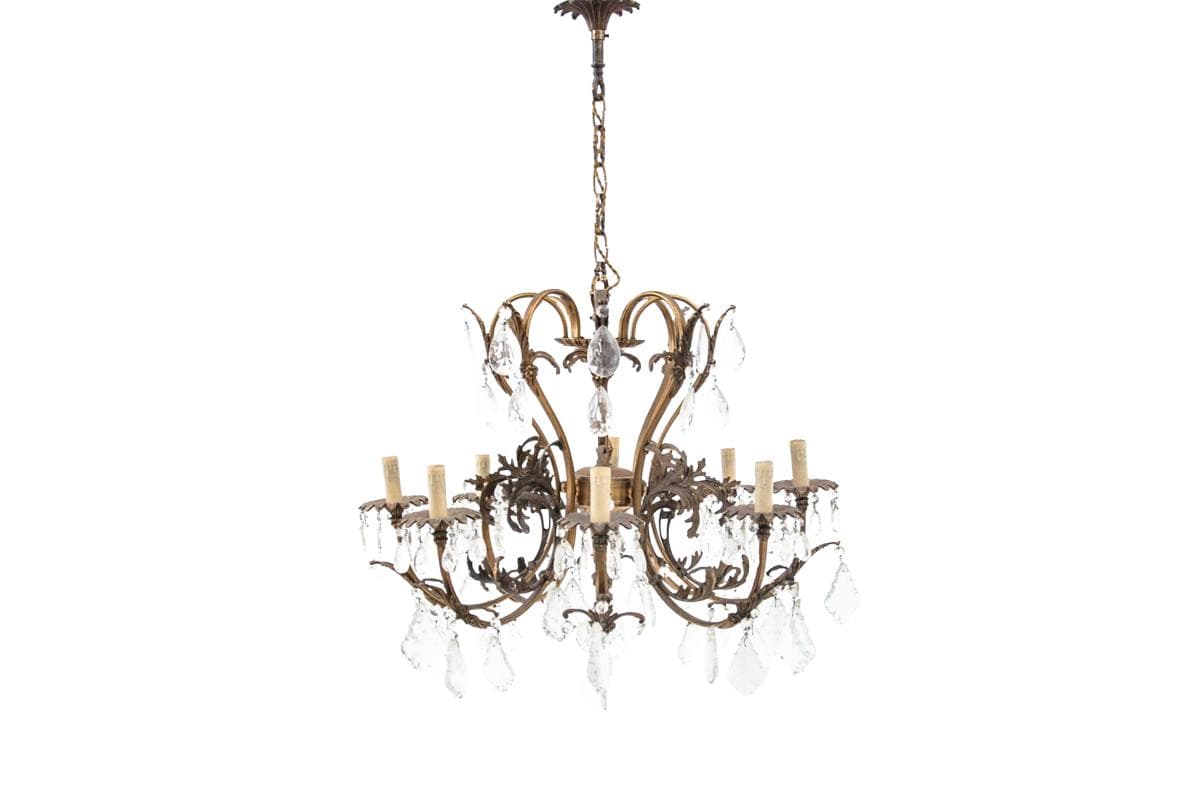 Złoty kryształowy żyrandol rokoko, Francja, lata 40.