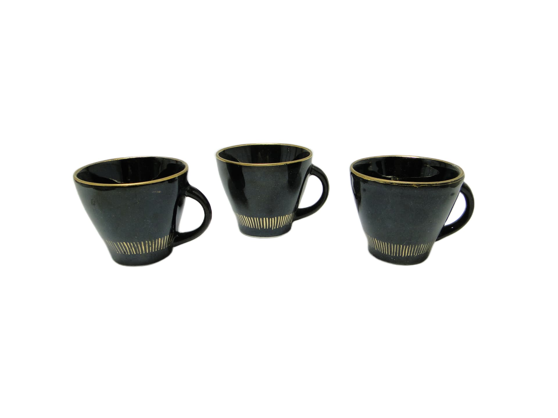 set of three cups, mid-century modern, black ceramic, Poland, 1970s