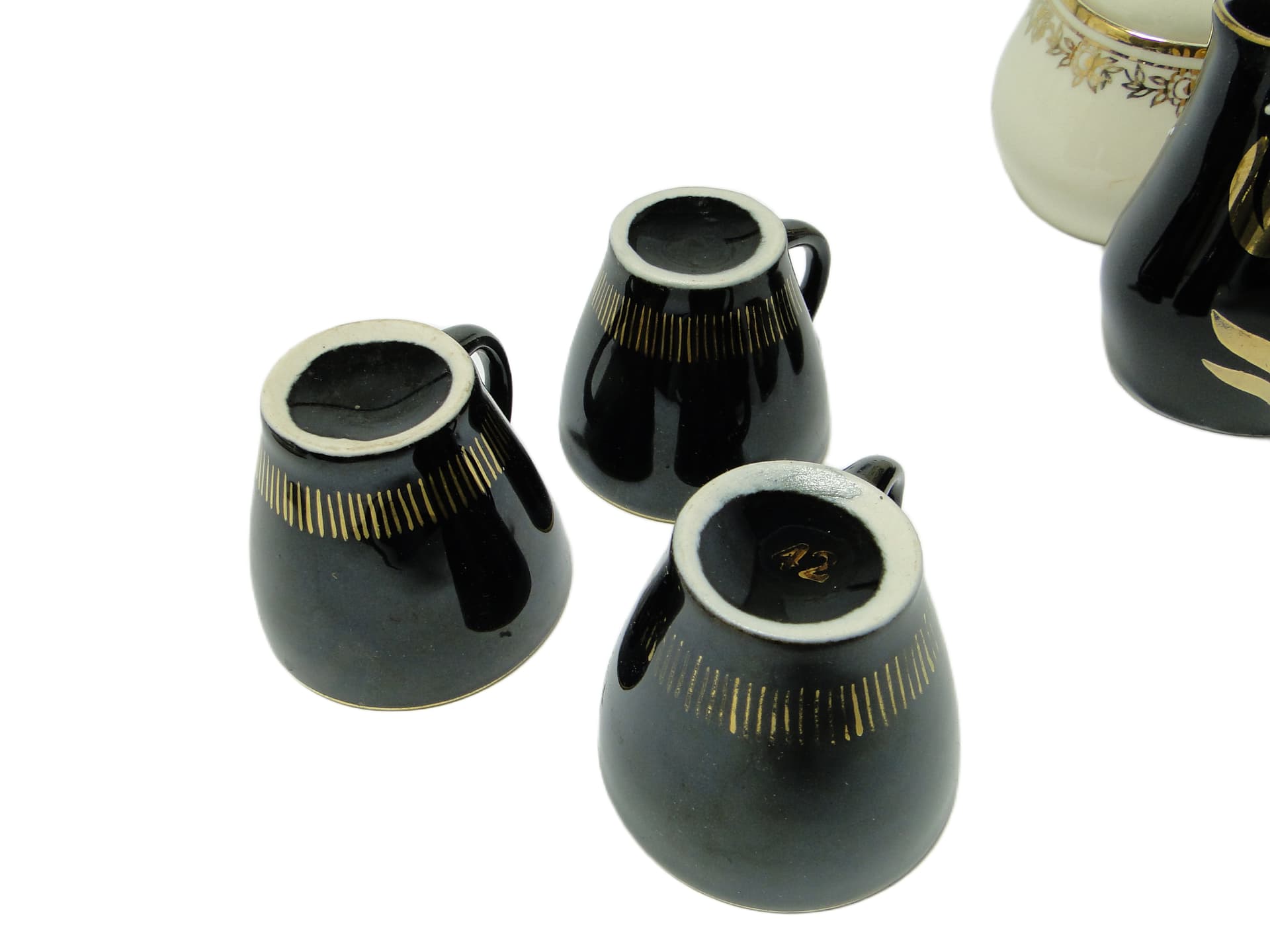 set of three cups, mid-century modern, black ceramic, Poland, 1970s - 94779