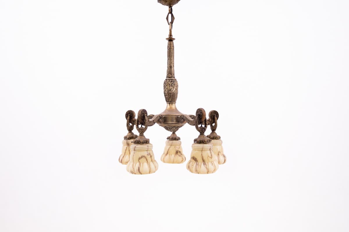 Brązowy żyrandol art déco, Polska, lata 40. - 57874