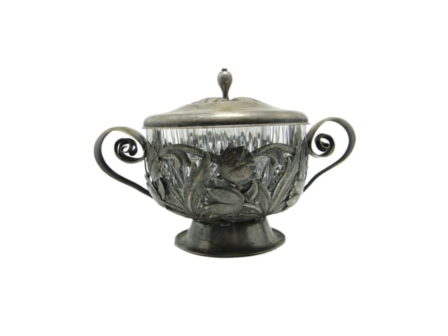 Cukiernica Art Nouveau, mosiądz srebrzony, szkło, Polska, lata 60. - WYMIARY