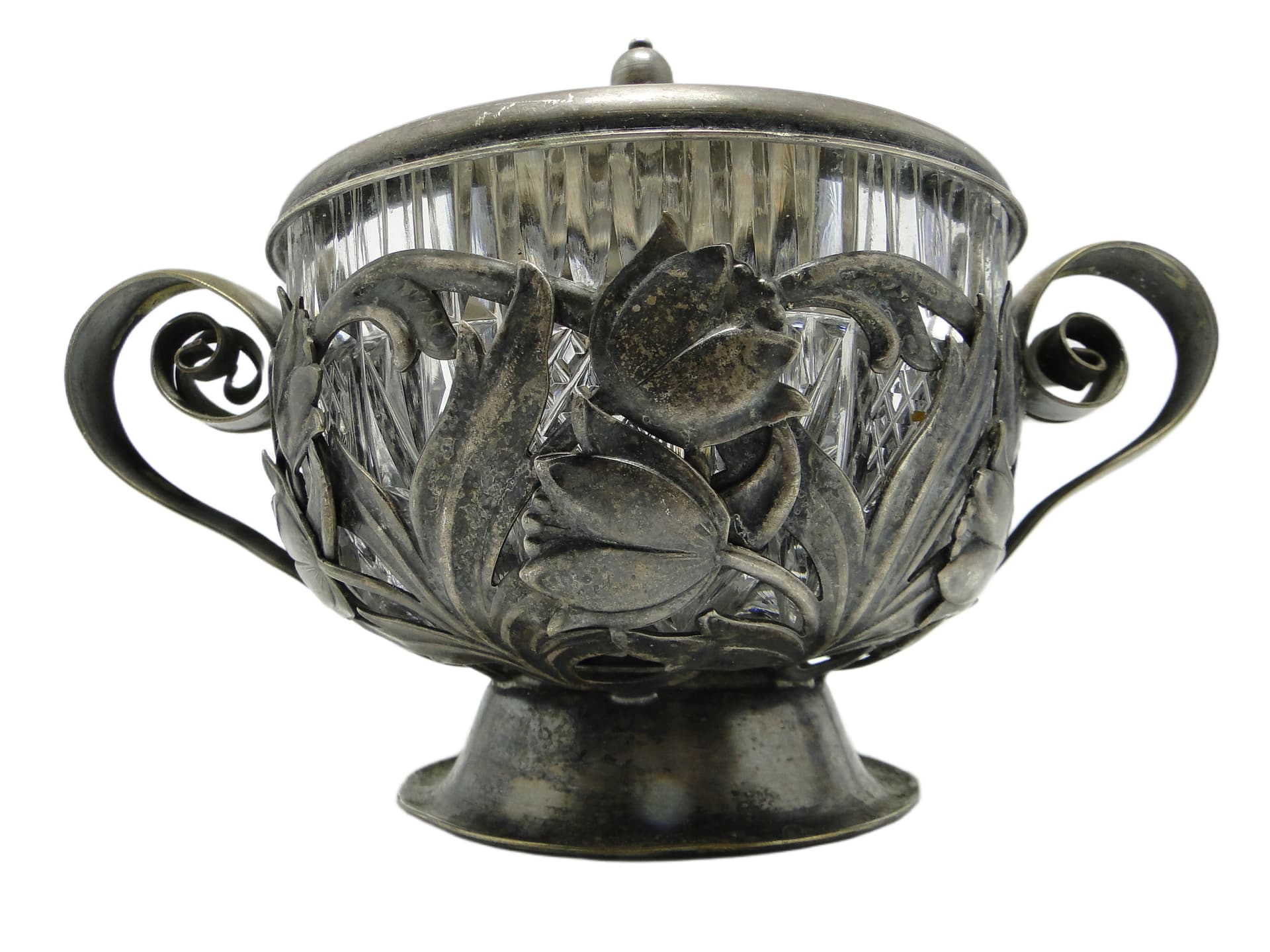 Cukiernica Art Nouveau, mosiądz srebrzony, szkło, Polska, lata 60. - 96318