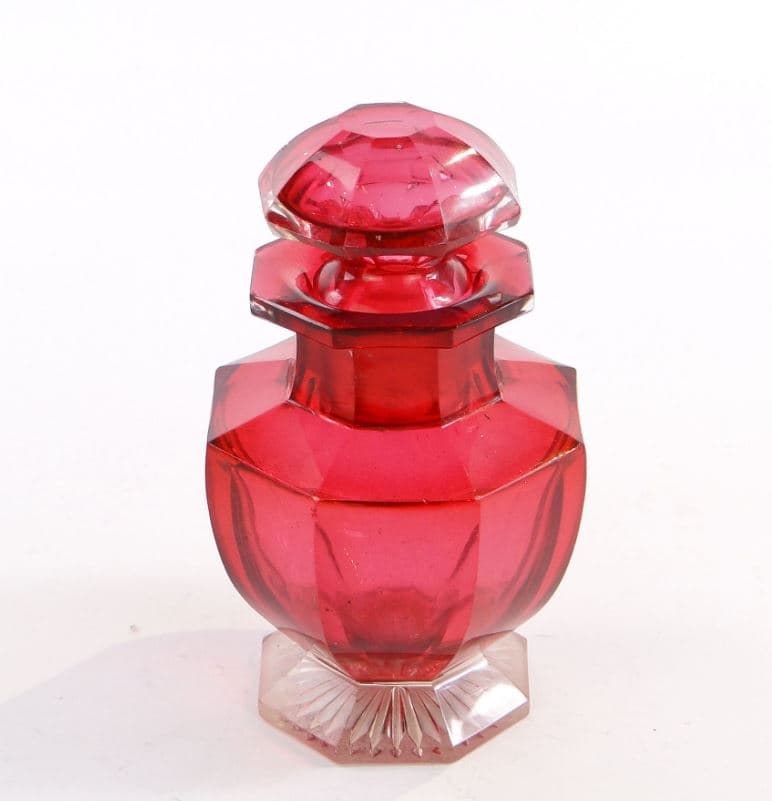 Herbatnica Biedermeier, szkło kryształowe czerwony, Polska, XIX w. - 97446