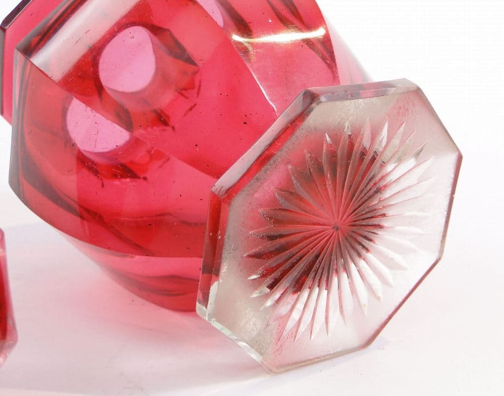 Herbatnica Biedermeier, szkło kryształowe czerwony, Polska, XIX w. - 97449