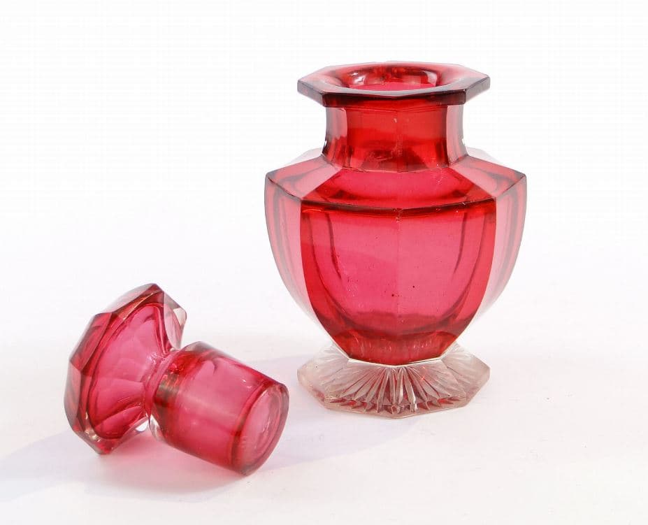 Herbatnica Biedermeier, szkło kryształowe czerwony, Polska, XIX w. - 97445