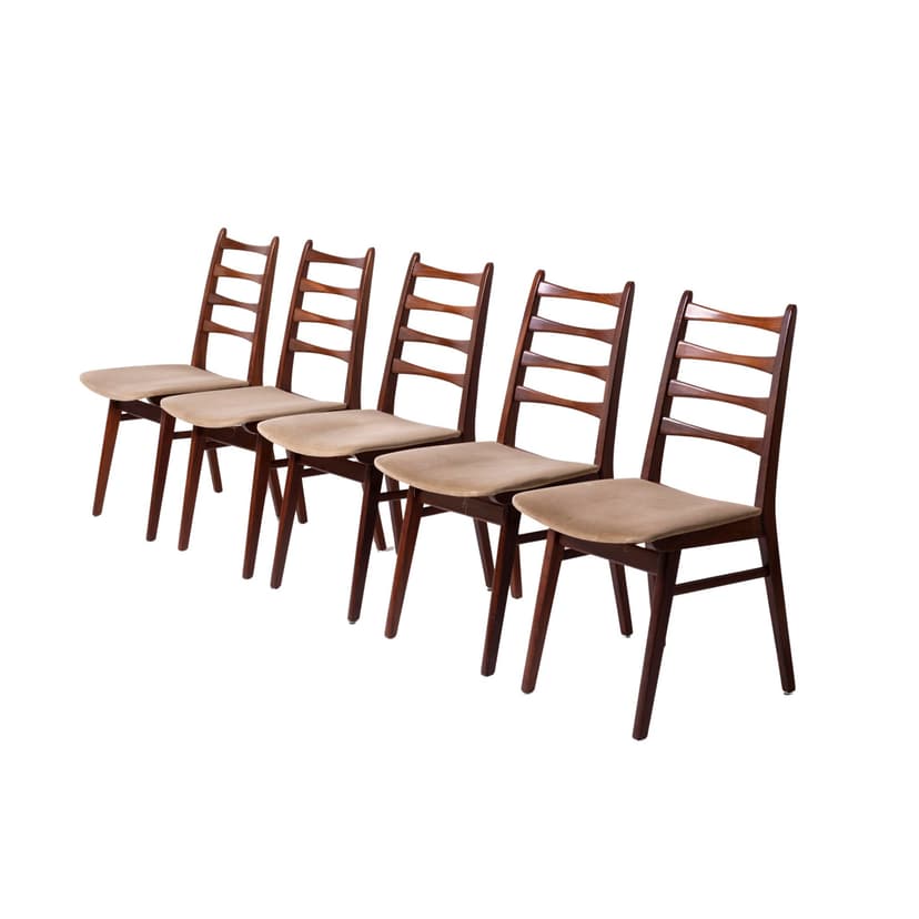 Zestaw pięciu krzeseł do jadalni, drewno tekowe afromosia jasnobrązowy, Dania, lata 60.