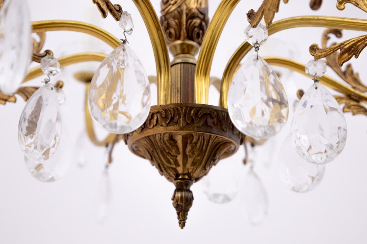 Złoty mosiężny żyrandol z kryształami, Europa Północna, lata 60. - 57838