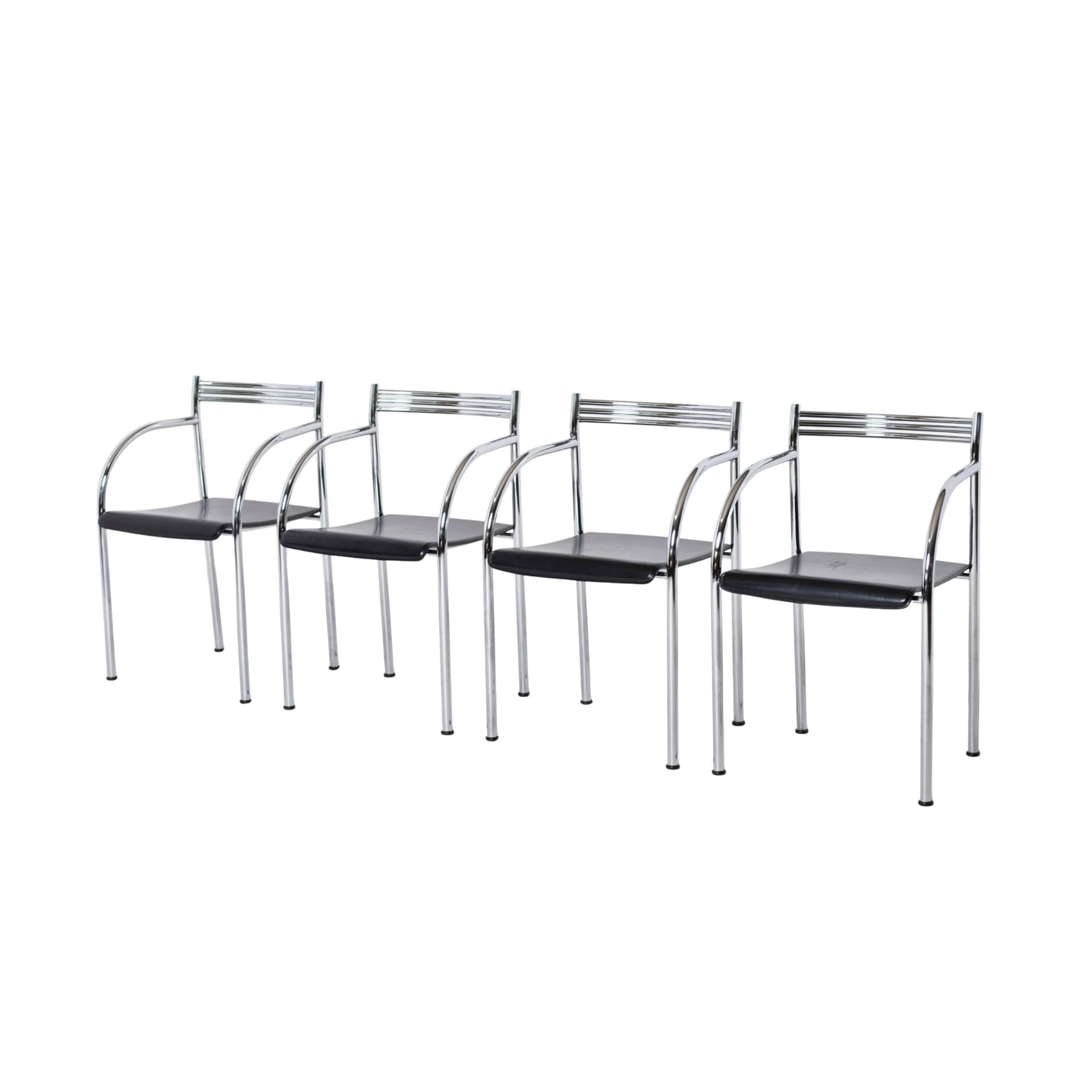 Komplet czterech krzeseł Francesca Spanish, skóra czarna, stal chromowana, proj. P. Starck, Baleri, Włochy, lata 80.