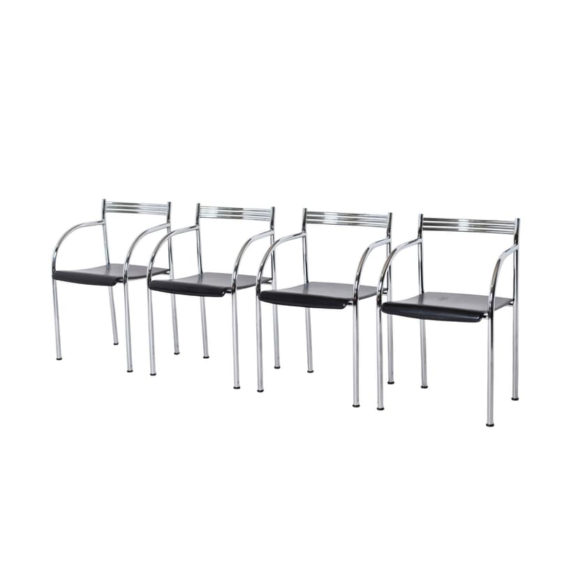 Komplet czterech krzeseł Francesca Spanish, skóra czarna, stal chromowana, proj. P. Starck, Baleri, Włochy, lata 80.