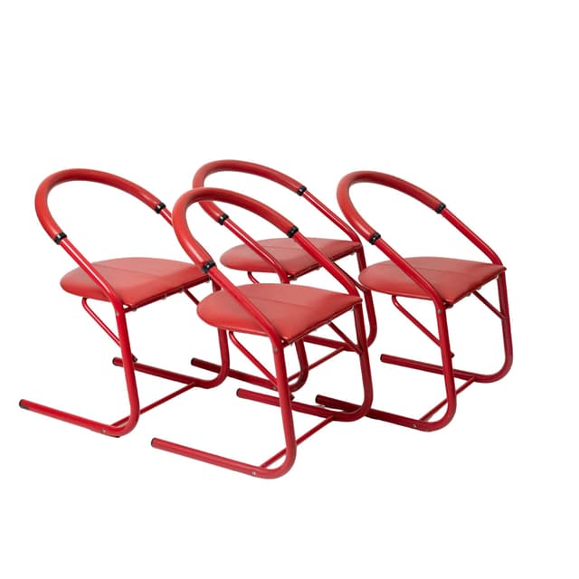 Komplet czterech krzeseł postmodernistycznych, metal czerwony, sztuczna skóra czerwona, Kodreta Myjava, Słowacja, lata 80. - WYMIARY