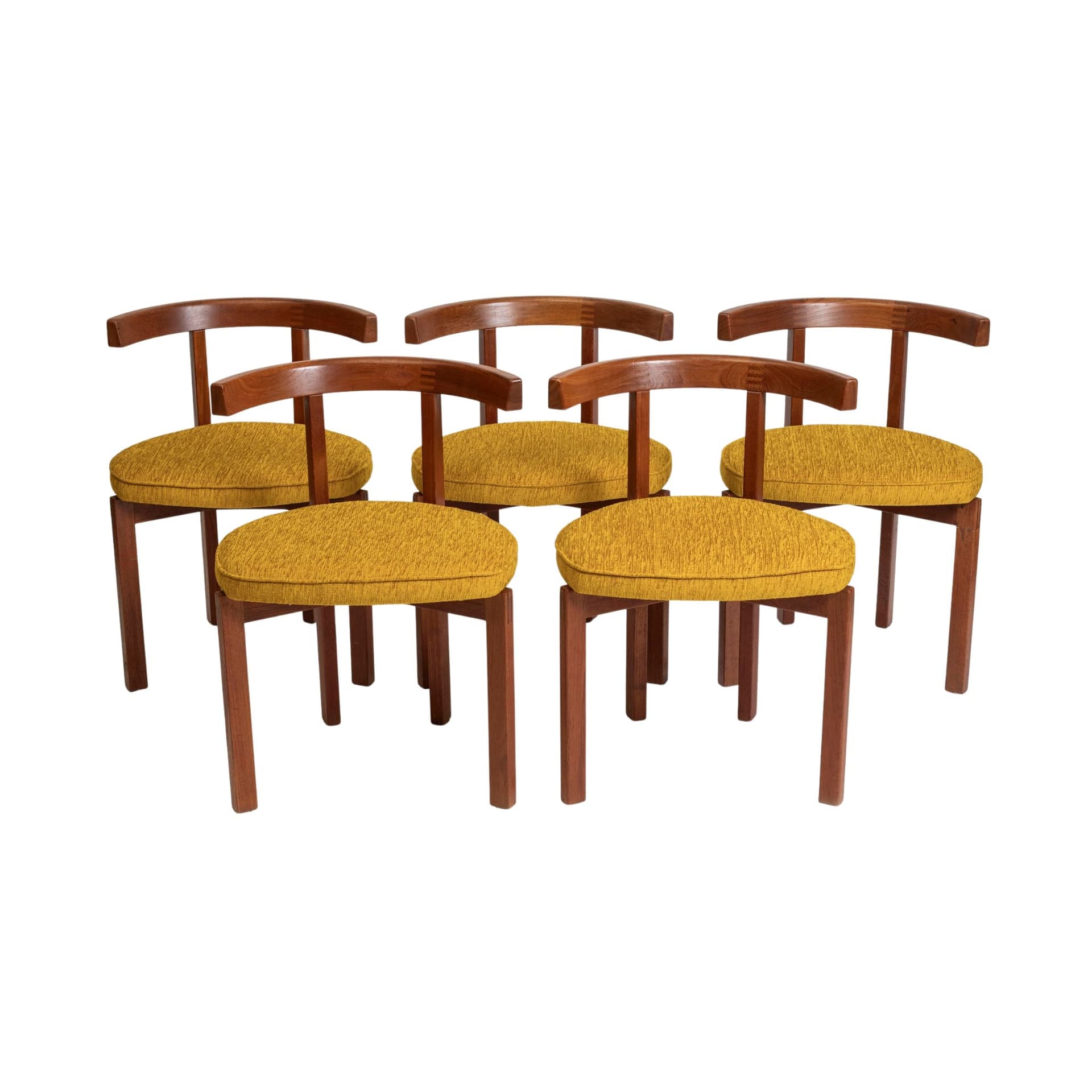 Zestaw pięciu krzeseł, drewno tekowe, musztardowy, proj. I. Klingenberg, France & Søn, Dania, lata 60.
