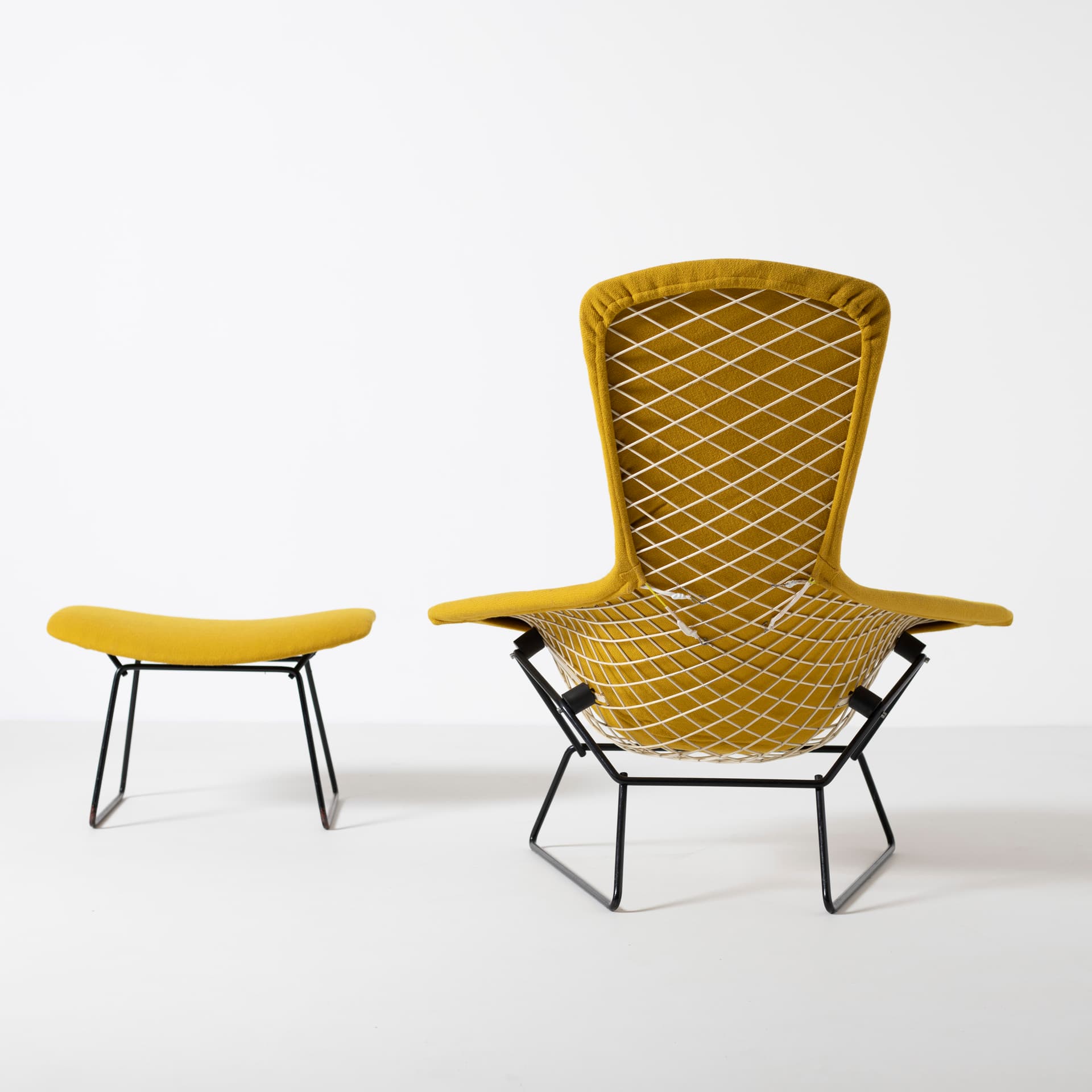 Fotel z podnóżkiem Bird, wełna musztardowa, metal czarny, proj. H. Bertoia, Knoll, USA, lata 60. - 96532