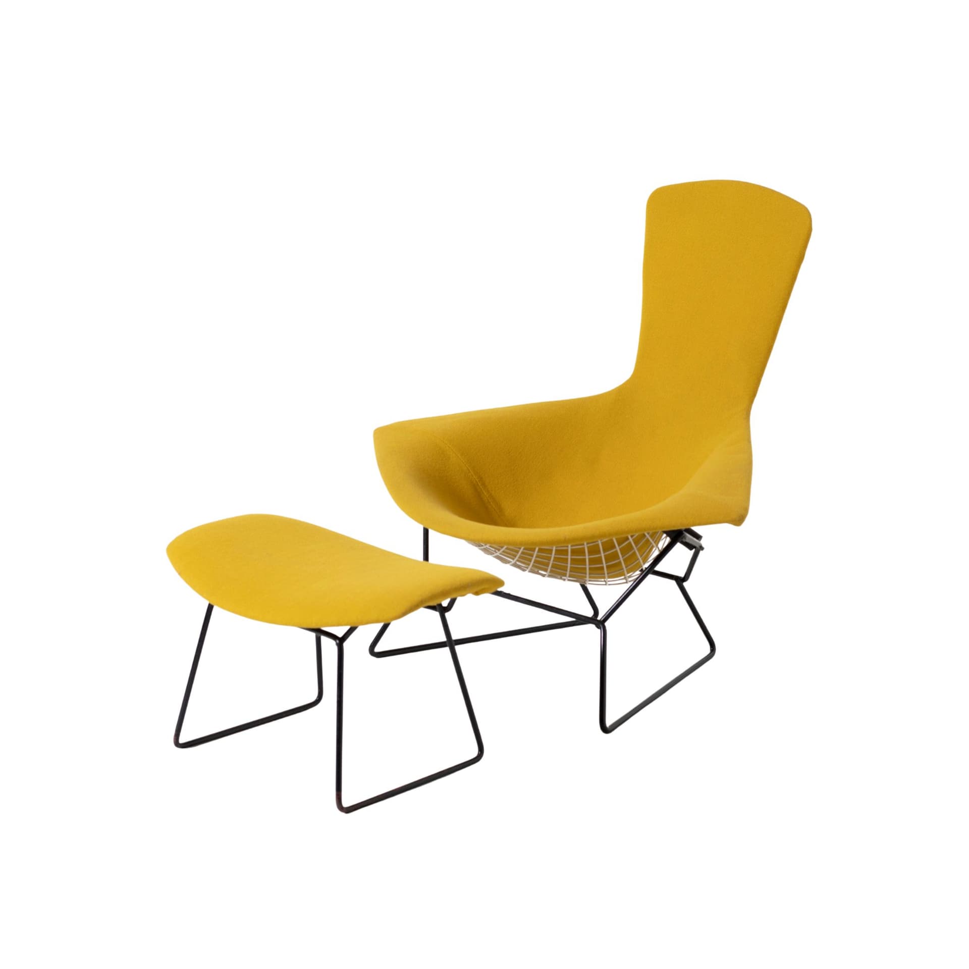 Fotel z podnóżkiem Bird, wełna musztardowa, metal czarny, proj. H. Bertoia, Knoll, USA, lata 60.