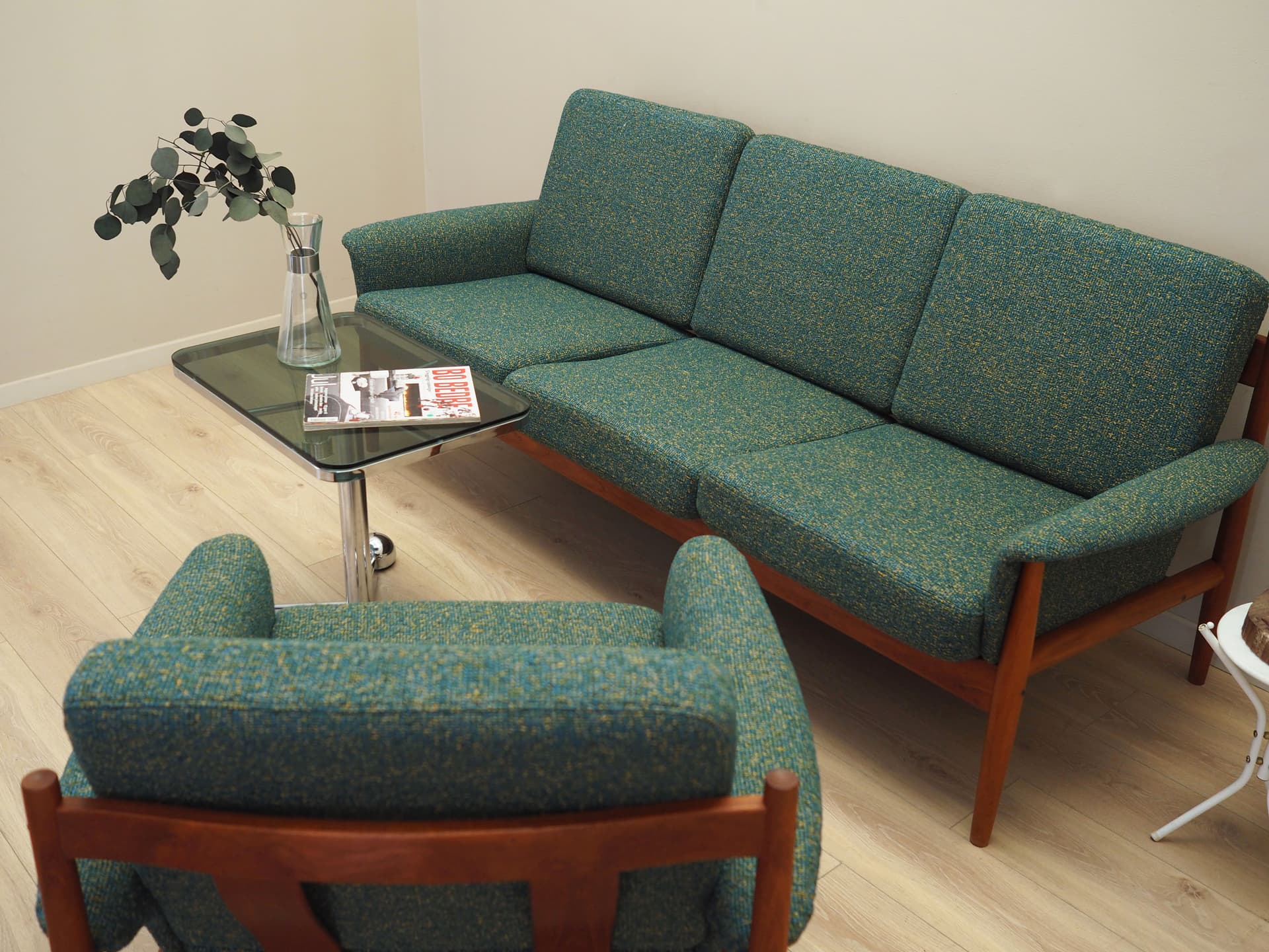 Sofa and Armchair Set, green, wool, teak, by G. Jalk, France & Søn, Denmark, 1960s. - 96848