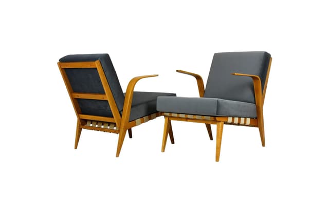 Pair of armchairs Mid-Century Modern, brown wood, grey upholstery, Czech Republic, 1960s. - DIMENSION