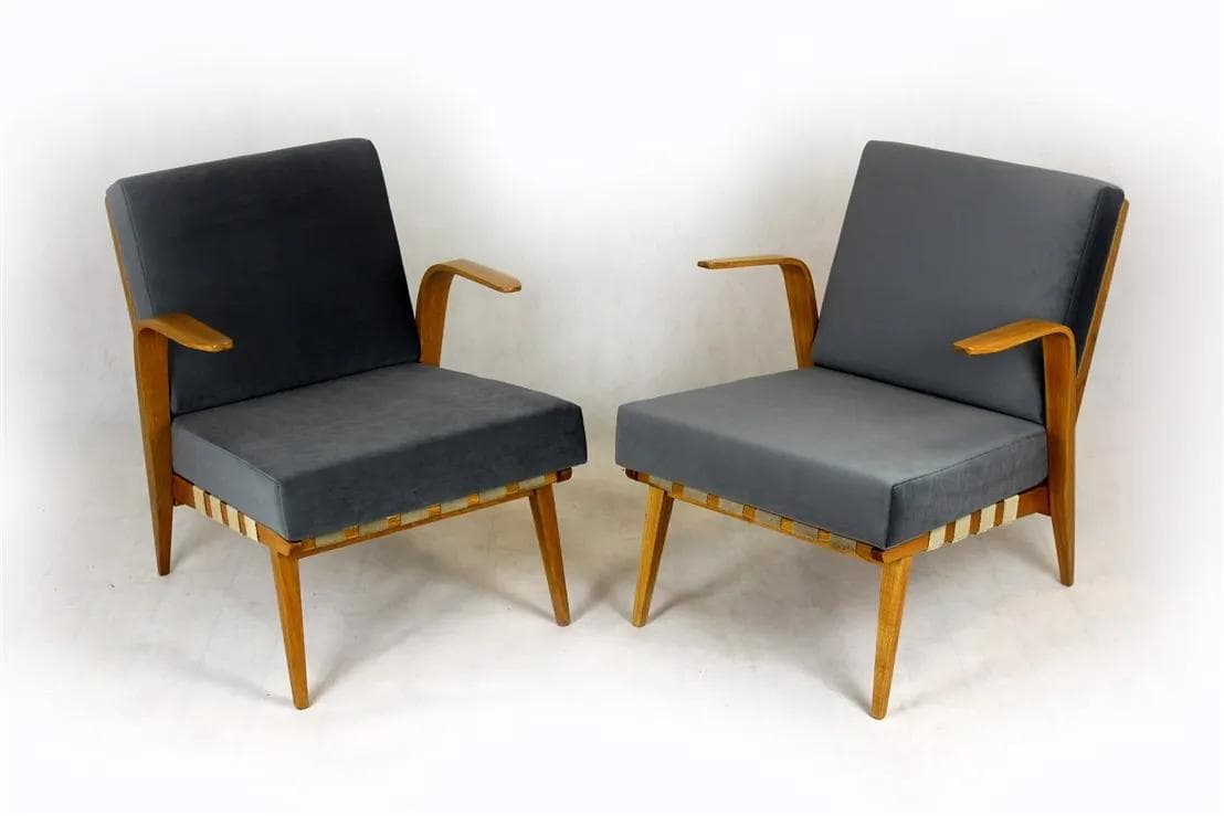 Pair of armchairs Mid-Century Modern, brown wood, grey upholstery, Czech Republic, 1960s. - 98184