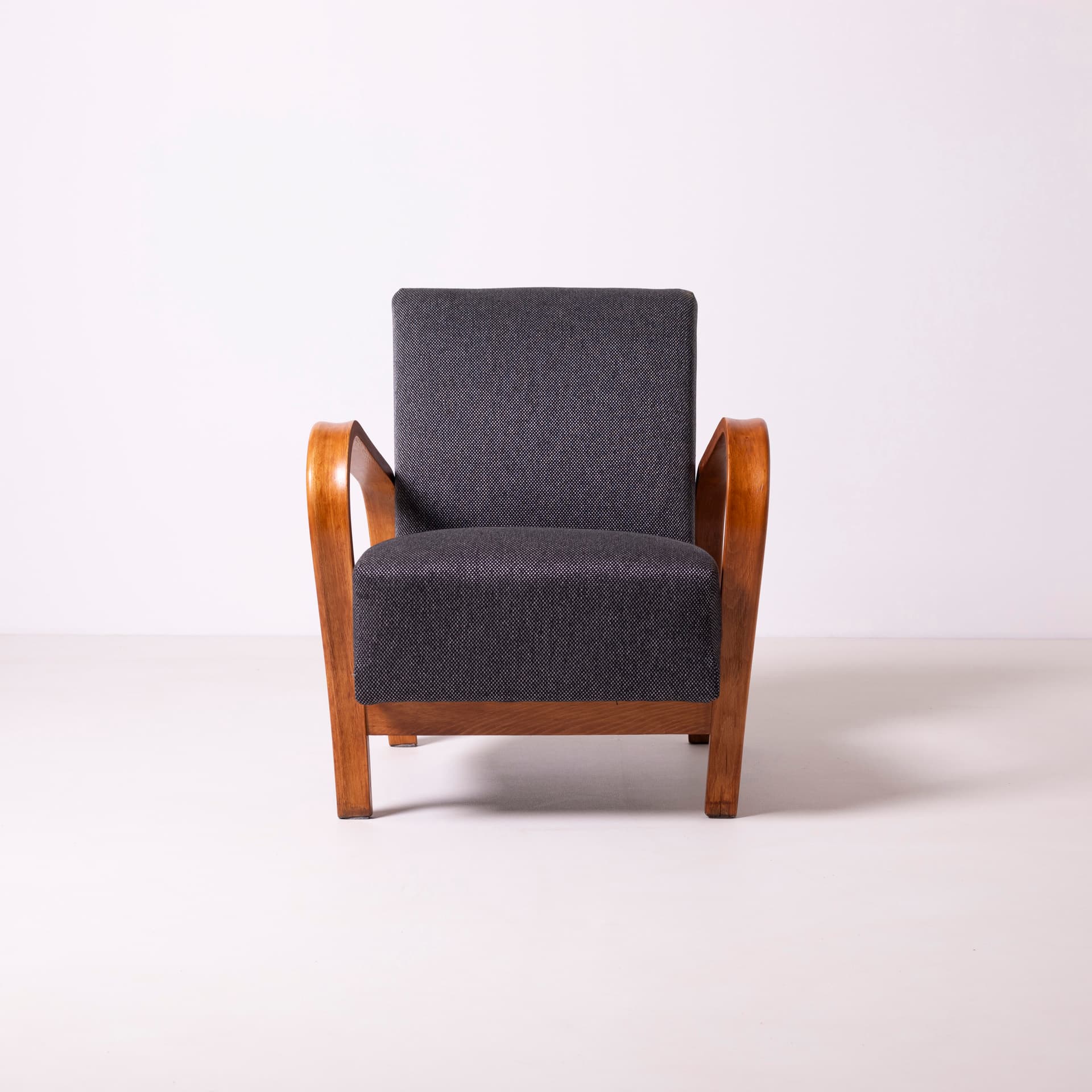 Pair of armchairs, oak, grey, by K. Kozelka and A. Kropacek, Interier Praha, Czechoslovakia, 1950s. - 98225