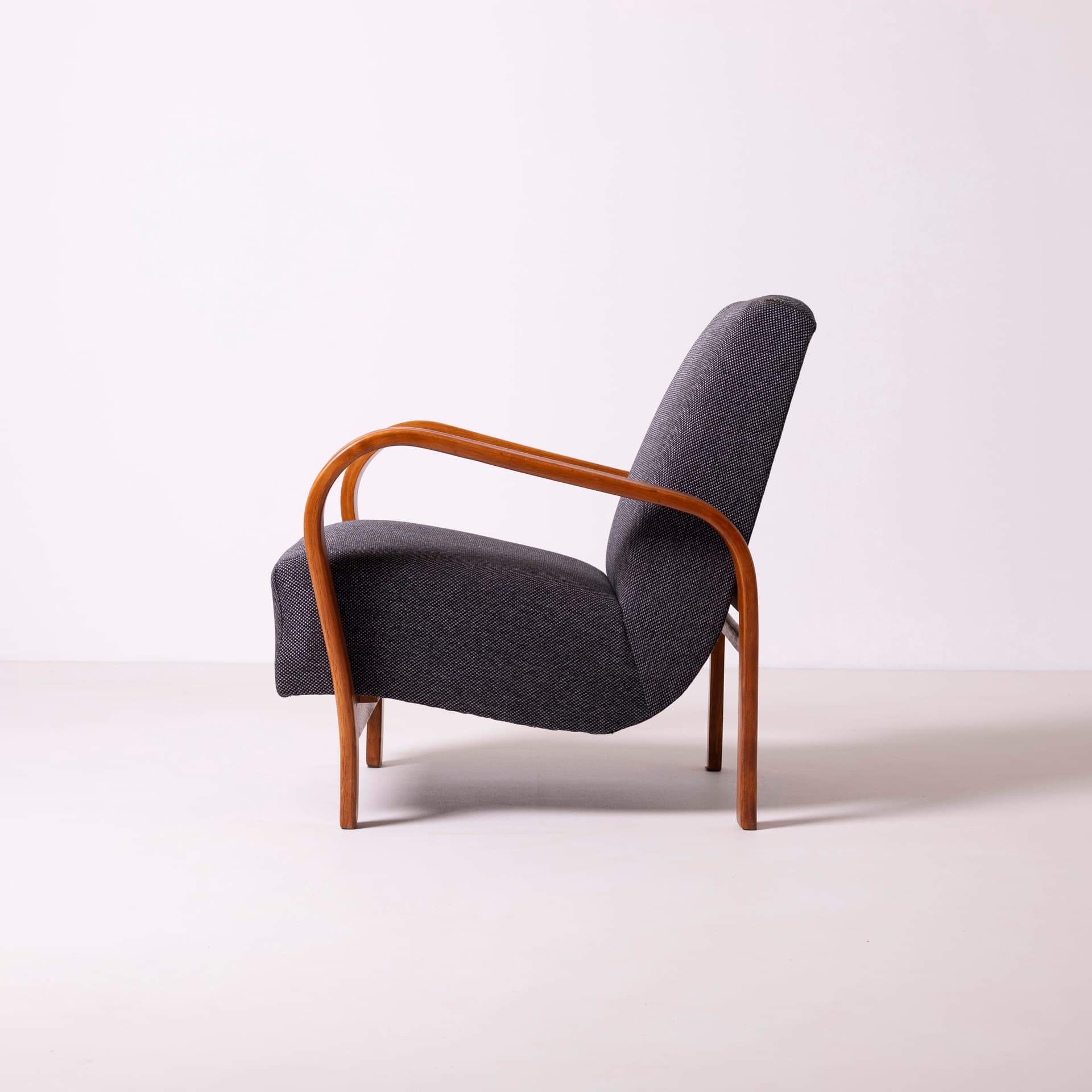 Pair of armchairs, oak, grey, by K. Kozelka and A. Kropacek, Interier Praha, Czechoslovakia, 1950s. - 98226