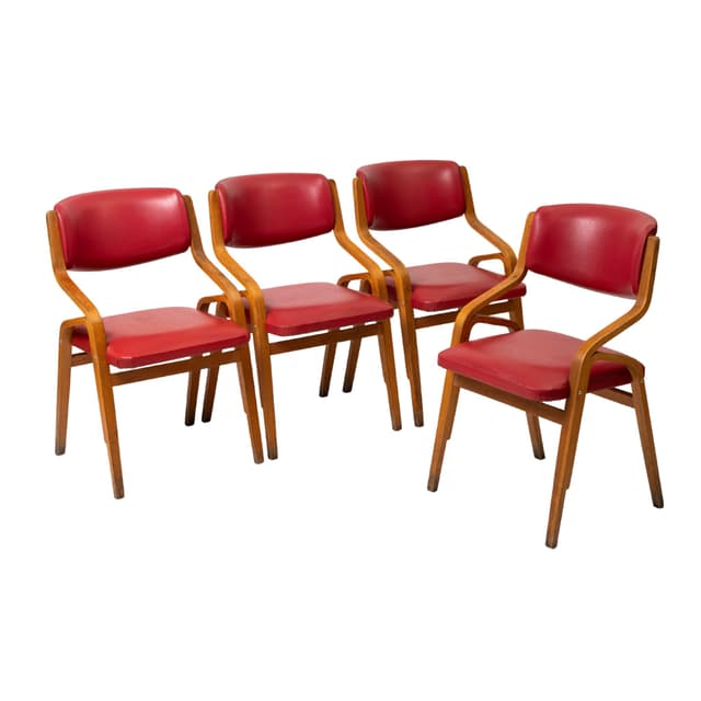 Komplet czterech krzeseł, skaj czerwony, sklejka bukowa, proj. L. Volák, Dřevopodnik Holešov, Czechosłowacja, lata 60. - WYMIARY