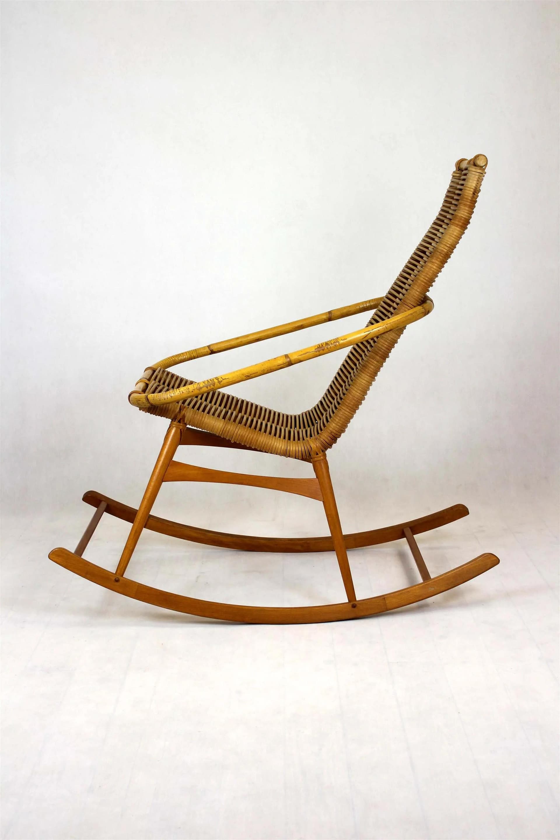 Rocking chair, brown rattan, wood, Czechoslovakia, 1960s. - 98441