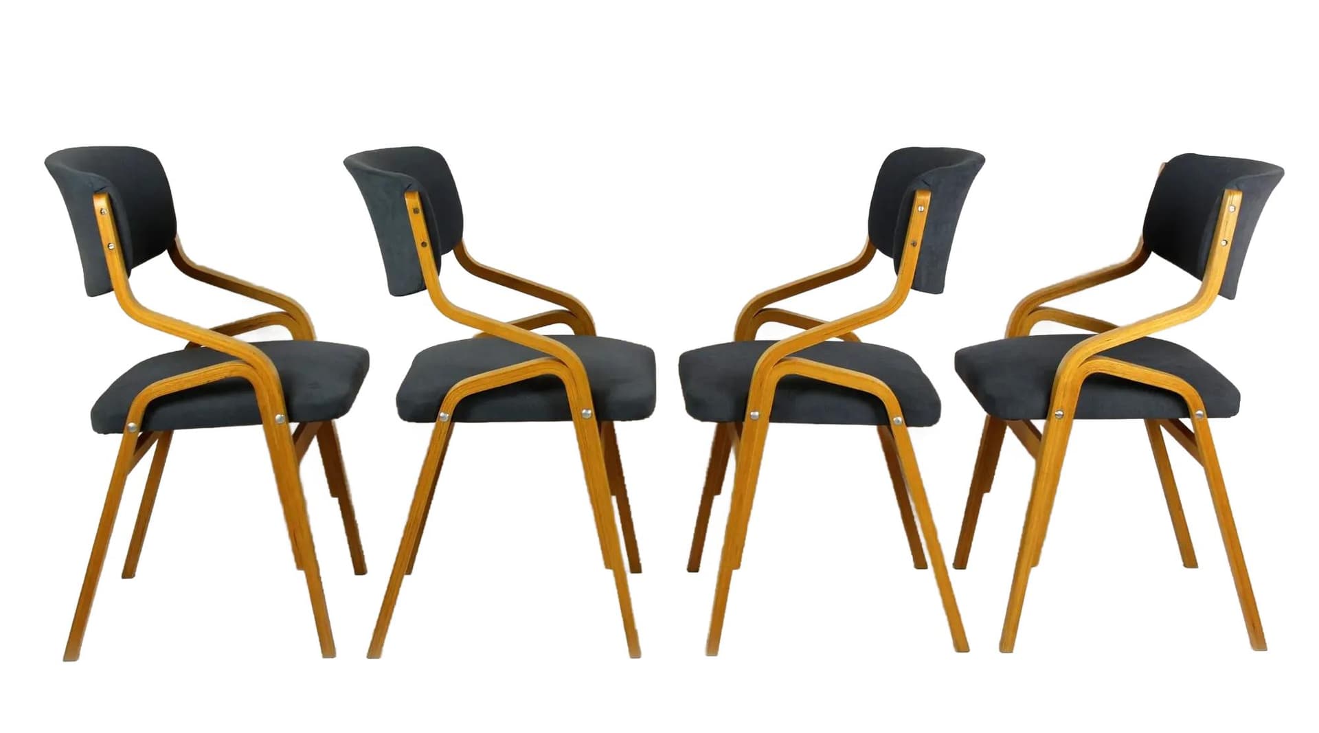 Set of four chairs, brown oak bent plywood, by L. Volák, Dřevopodnik Holešov, Czech Republic, 1970s.