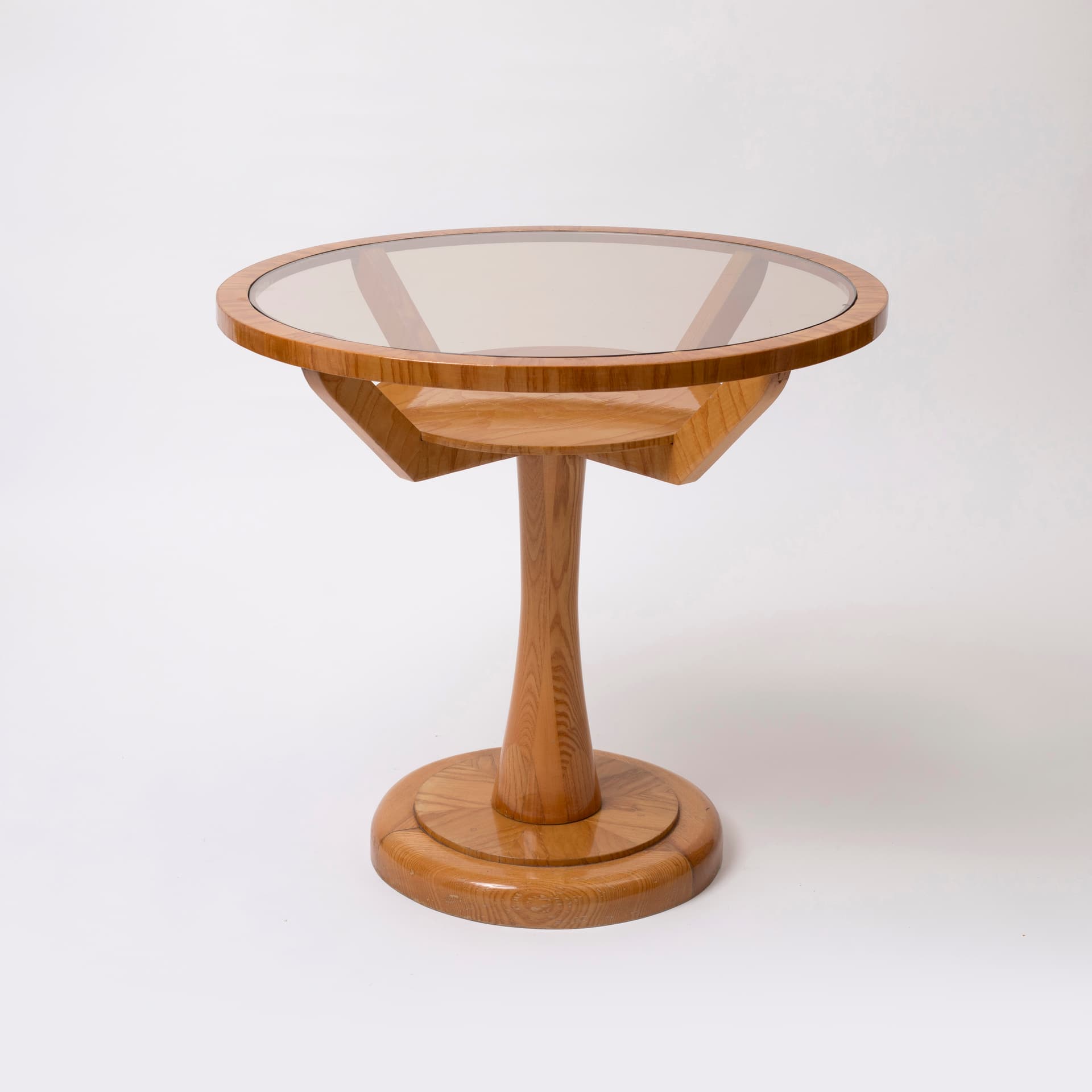 Stolik pomocniczy, jesion jasnobrązowy, szkło przydymione, Czechosłowacja, lata 60. - 98706