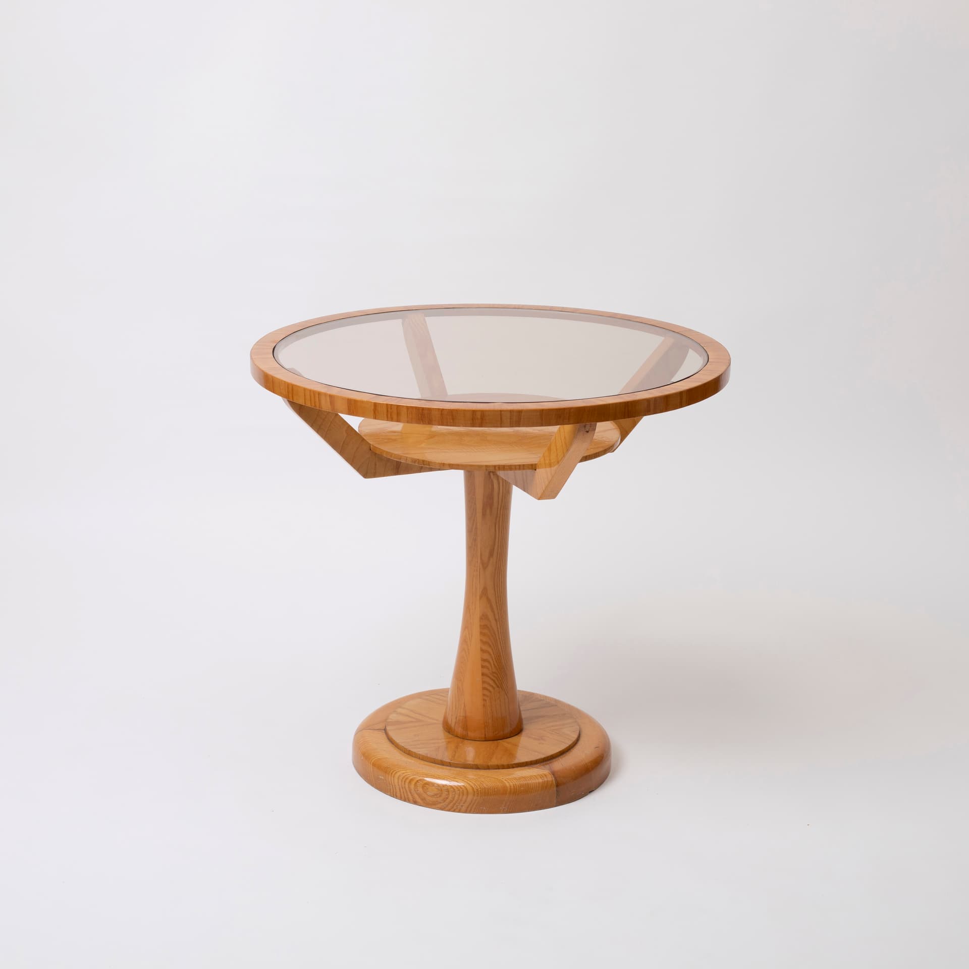 Stolik pomocniczy, jesion jasnobrązowy, szkło przydymione, Czechosłowacja, lata 60. - 98703