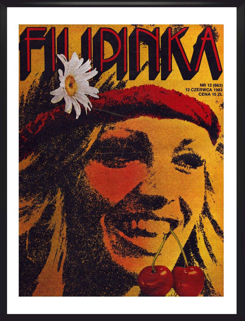 Plakat okładka Filipinka 30x40 cm, żółty, szkło, aut. A. Bolimowski, W. Kuliński, Polska, lata 80.