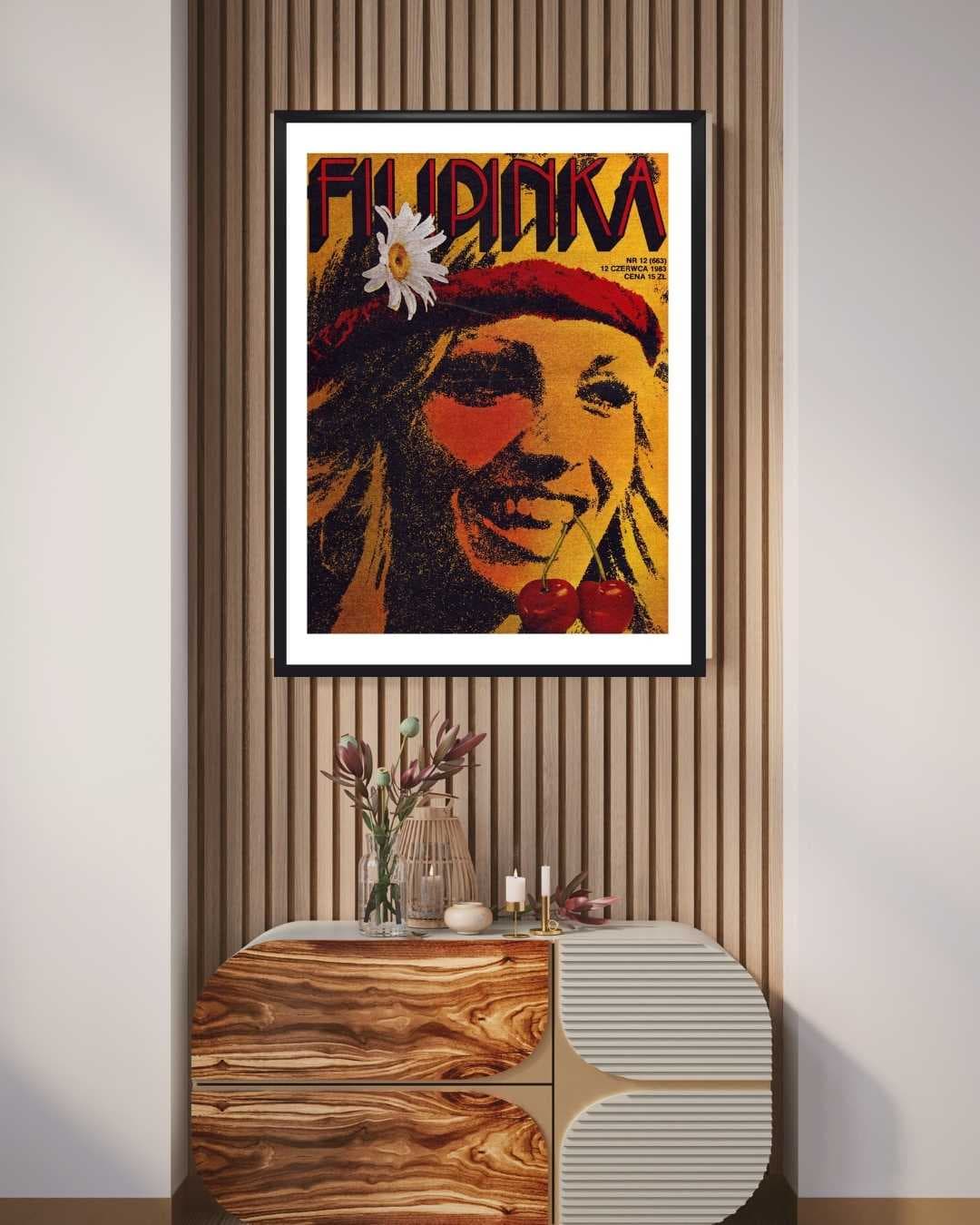 Plakat okładka Filipinka 30x40 cm, żółty, szkło, aut. A. Bolimowski, W. Kuliński, Polska, lata 80. - 98817