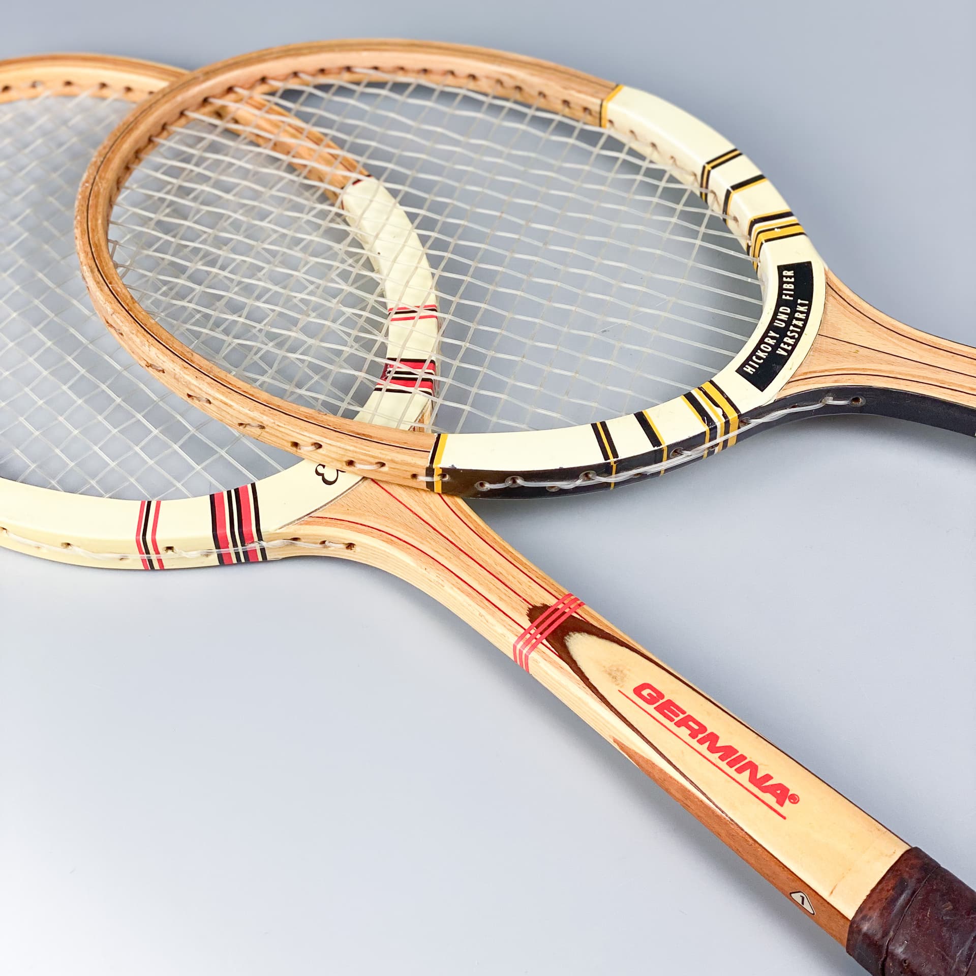 Zestaw dwóch rakiet tenisowych Germina Elite, multikolor, drewno, Niemcy, lata 60. - 98942