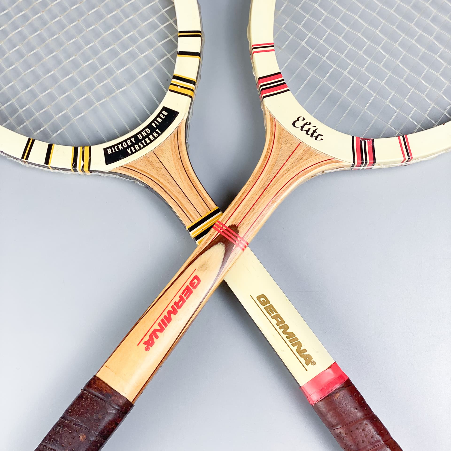 Zestaw dwóch rakiet tenisowych Germina Elite, multikolor, drewno, Niemcy, lata 60. - 98938