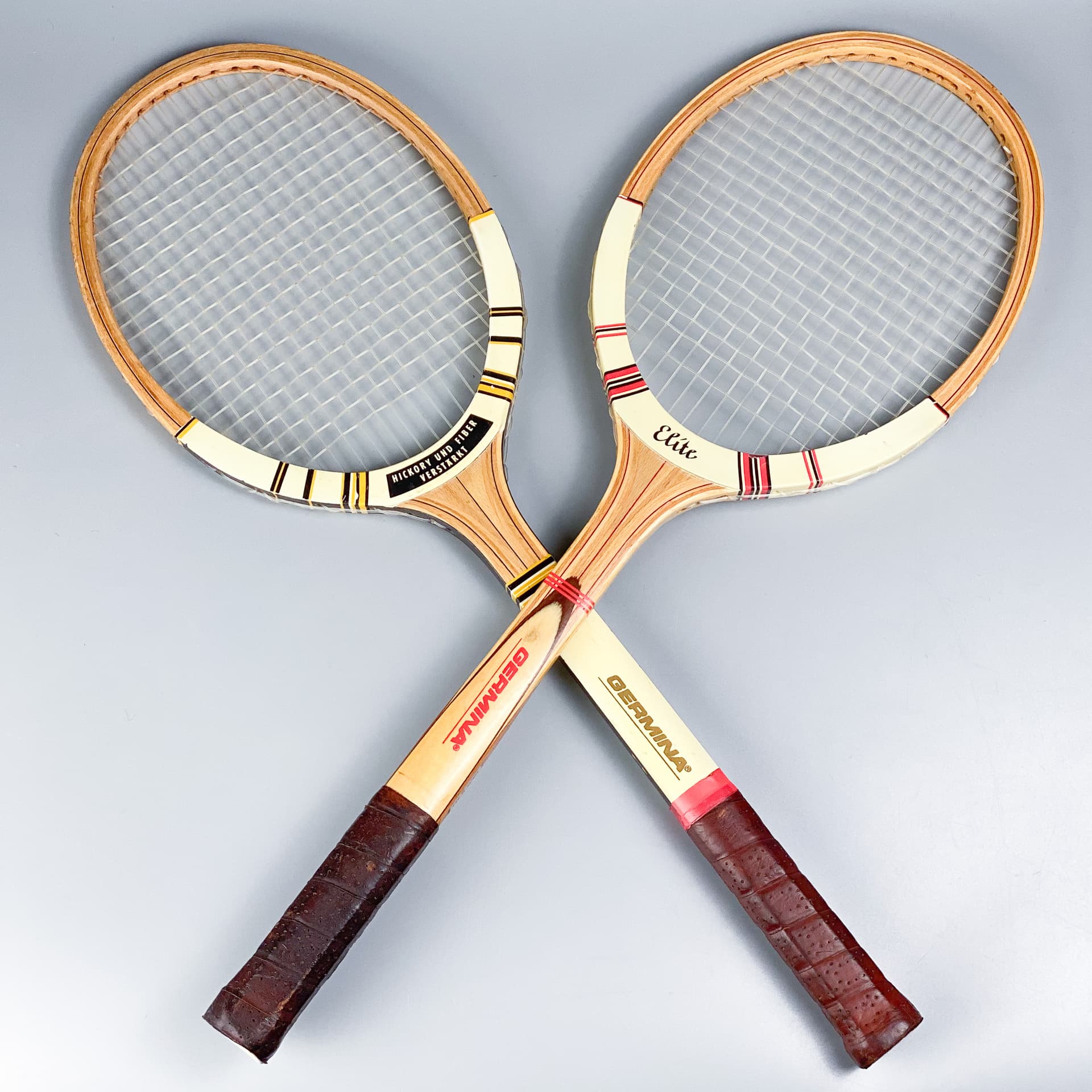 Zestaw dwóch rakiet tenisowych Germina Elite, multikolor, drewno, Niemcy, lata 60. - 98931
