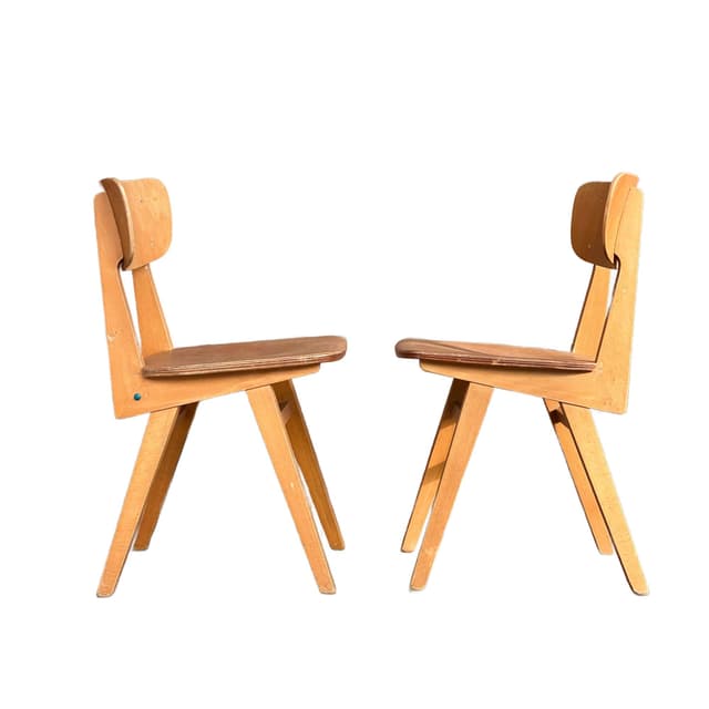 Pair of school chairs, light brown, plywood, Germany, 1960s. - DIMENSION