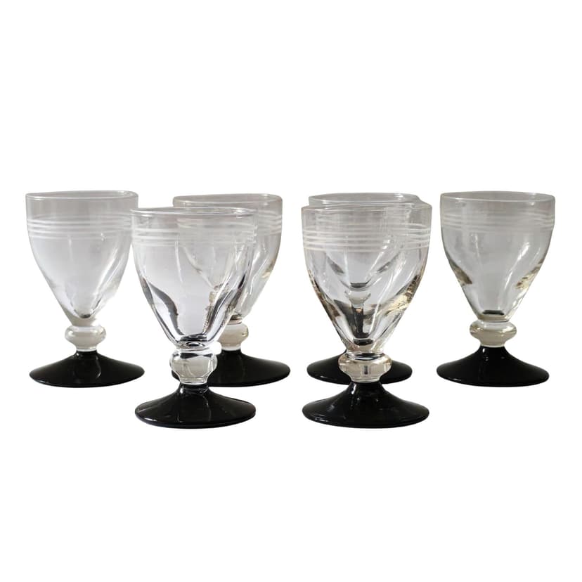 Zestaw sześciu kieliszków Hørsholm, szkło transparentne czarne, Holmegaard, Dania, lata 40.