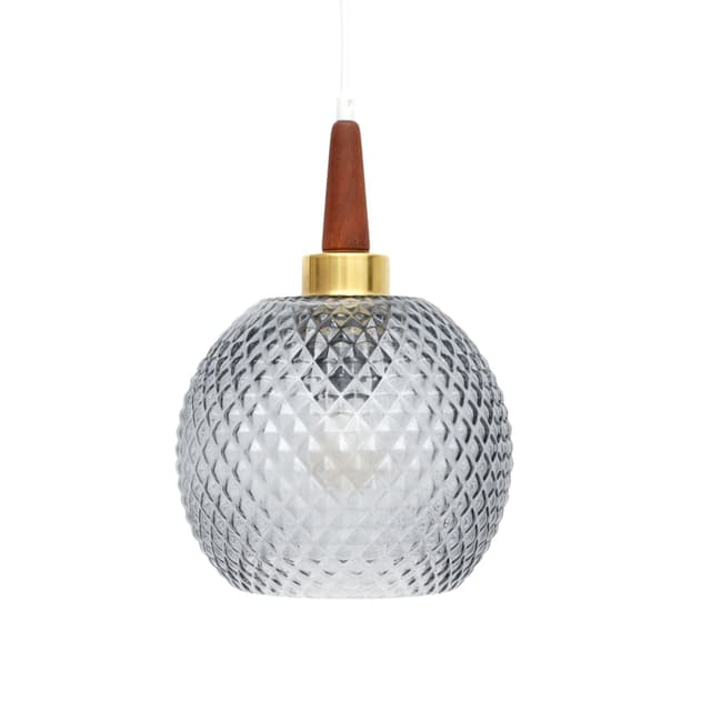 Lampa wisząca, szary klosz szklany, drewno tekowe, mosiądz, Dania, lata 60. - WYMIARY