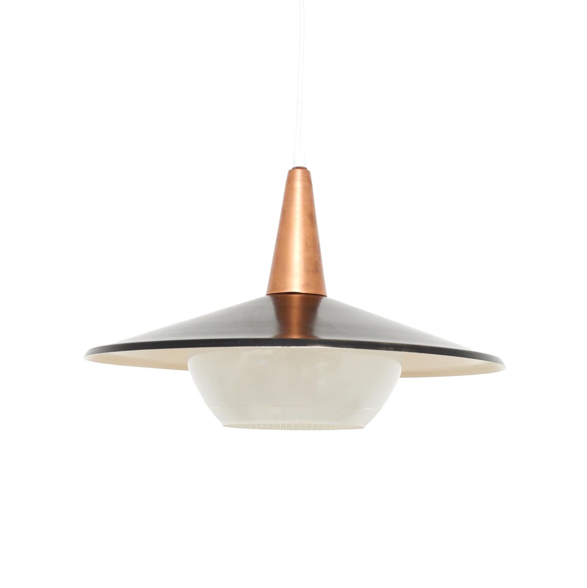 Pendant Lamp, black metal, copper, glass, Denmark, 1970s.