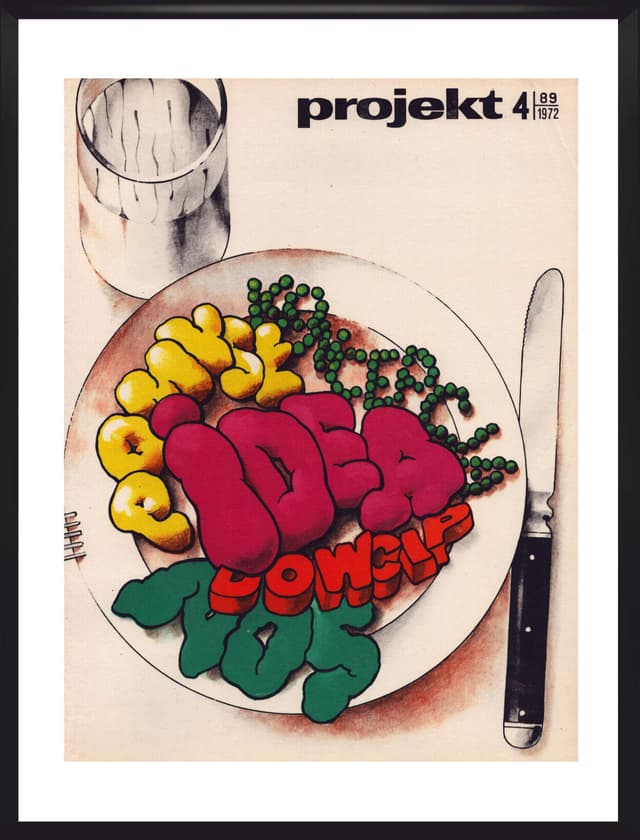 Okładka czasopisma PROJEKT, beżowy, oprawa czarna, aut. W. Świerzy, Polska, lata 70. - WYMIARY