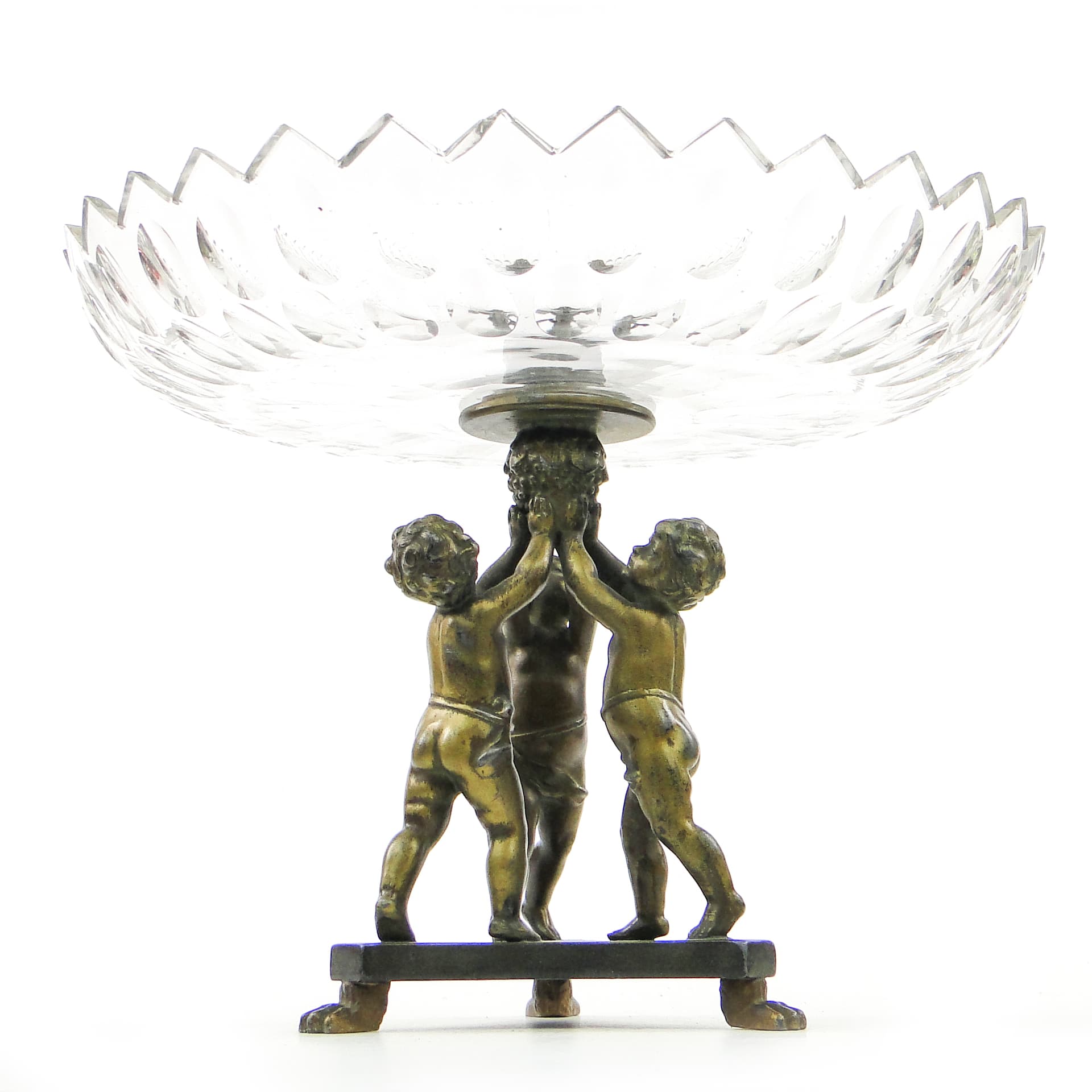 Art Deco figural centerpiece, glass, brass, Poland, 1930s.