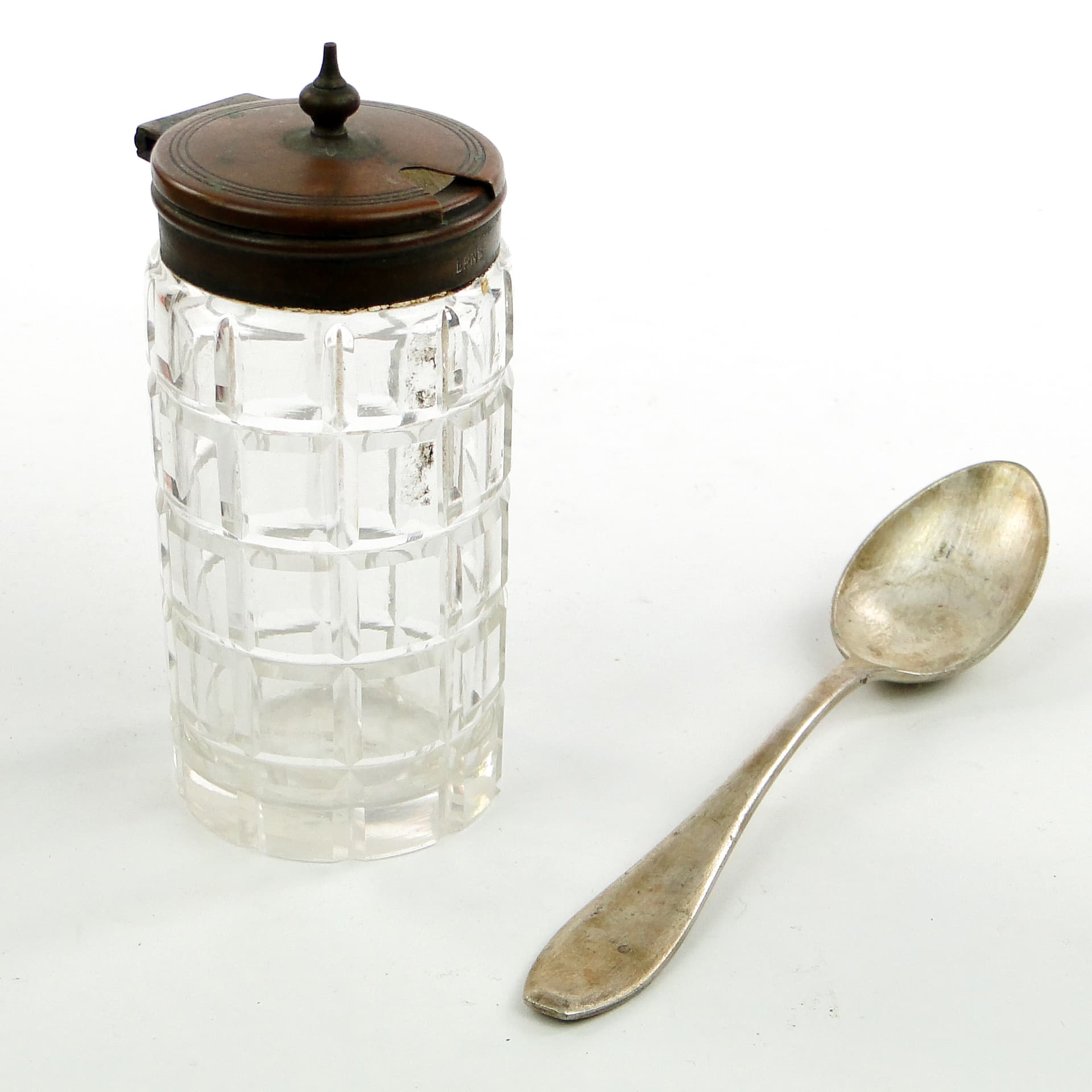 Musztardnica biedermeier, kryształ, mosiądz srebrzony, Niemcy, lata 30. - 102097