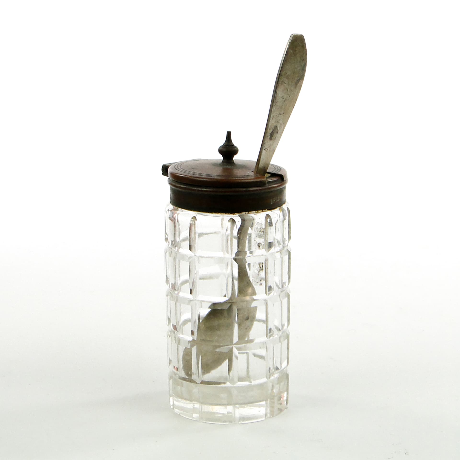 Musztardnica biedermeier, kryształ, mosiądz srebrzony, Niemcy, lata 30. - 102098