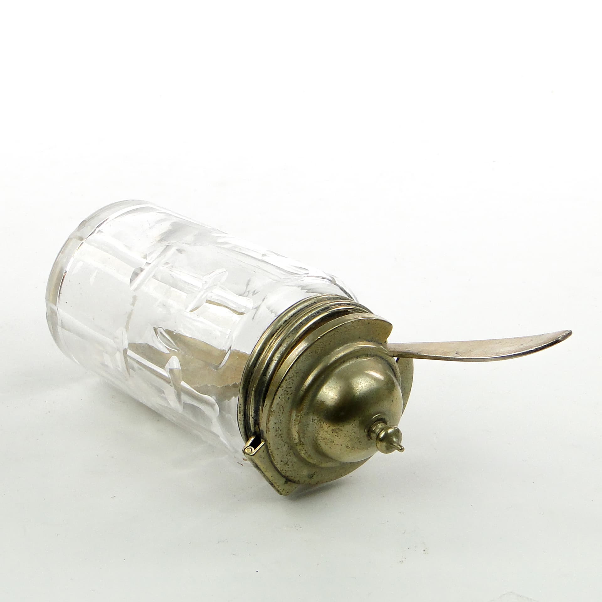 Musztardnica Biedermeier, kryształ, mosiądz srebrzony, Niemcy, lata 30. - 102143